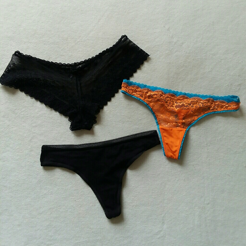 Lot of 3 Lace Black Orange Blue Thong Hipster S